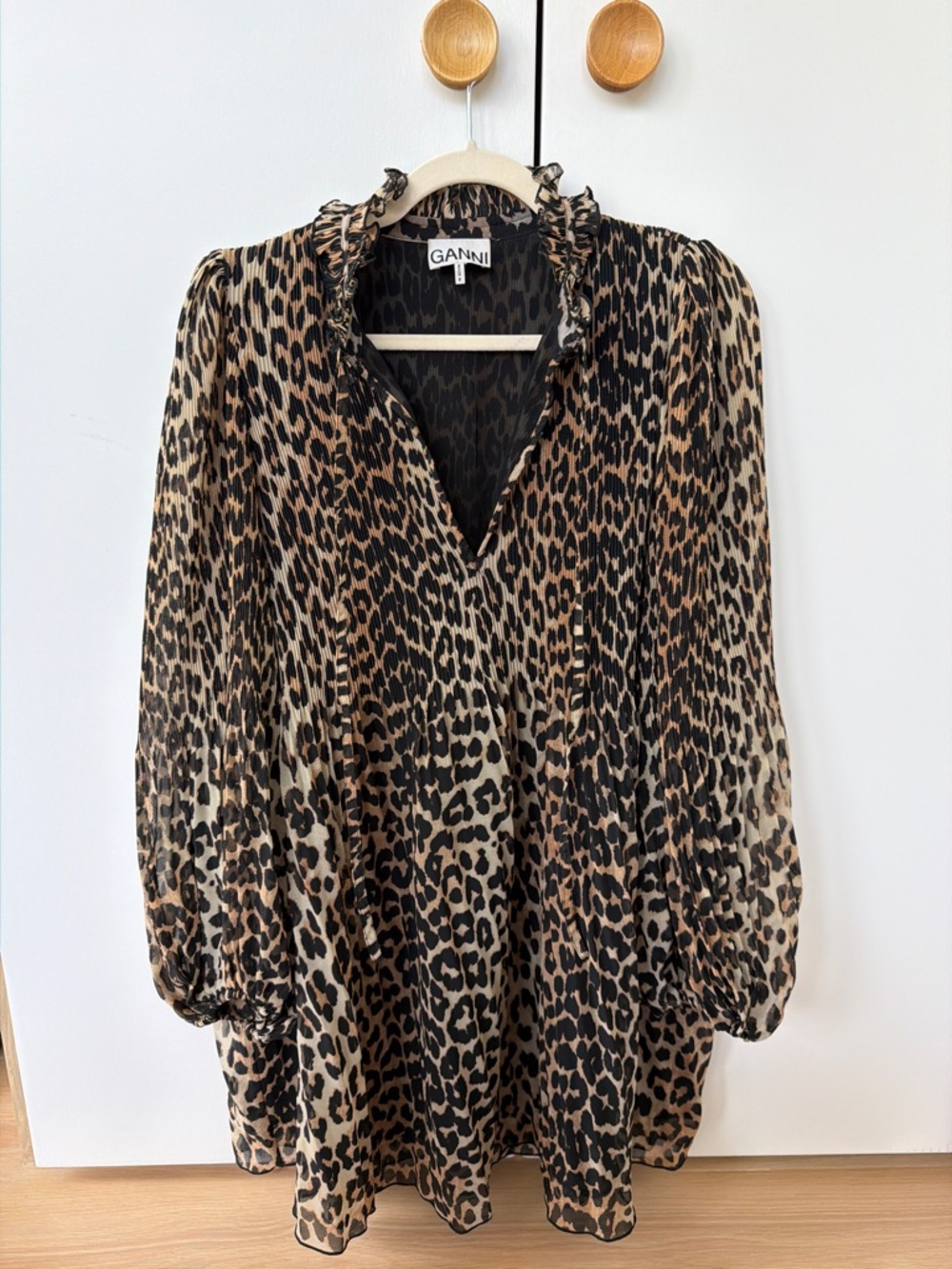 Ganni Leopard-Print Ruffle Neck Tunic - Brown & Black